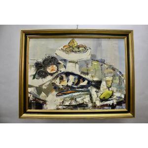 “still Life With Fish” By Ernest Audibert (1922-2017)