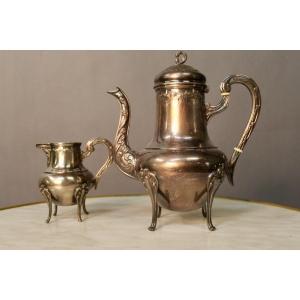 Coffee Maker And Its Milk Pot In Silver Metal Louis XV Style