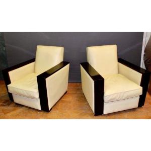 Pair Of Art Deco Armchairs In Rosewood And Beige Leather