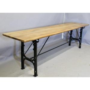 Large Industrial Console Walnut Top Cast Iron Base