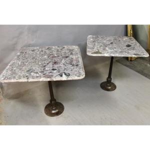 Pair Of Bistro Tables With Veined Marble Tops