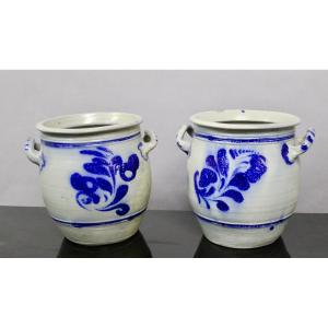 Pair Of Salt-glazed Stoneware Pots, Gray And Blue