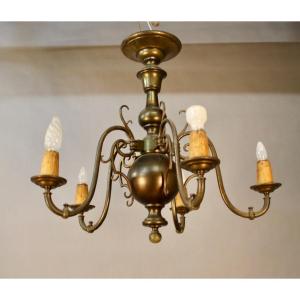 19th Century Dutch Bronze Chandelier With 5 Light Arms