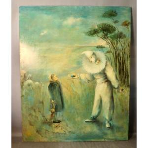Large Oil On Canvas "pierrot"