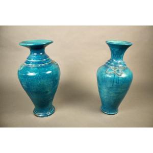 Pair Of Monochrome Vases In Cracked Turquoise Ceramic, 18th Century, China