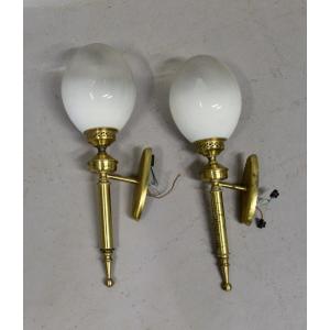 Pair Of Brass Torchiere-style Wall Lights 