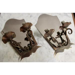 Pair Of Art Deco Wrought Iron And Smoked Glass Wall Lights