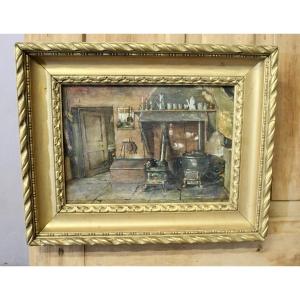 Oil On Cardboard "jura Farm Kitchen" 19th Century