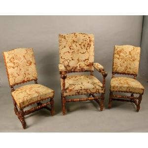 Set Of Two Chairs And One Armchair Louis XIII