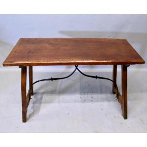Spanish Walnut Table With Wrought Iron Stretcher