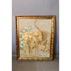 Oil Painting On Canvas And Gold Leaf "two Elephants"