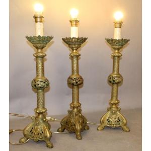 Bronze Candle Holders Mounted As Lamps 