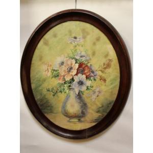 Watercolor Bouquet Of Flowers In Oval Frame 