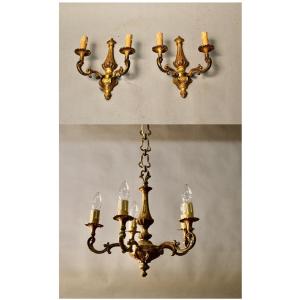 Bronze Chandelier With 5 Arms And Its Pair Of 2-light Wall Sconces