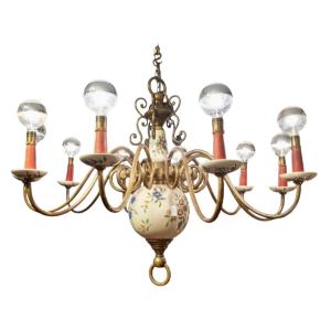 19th Century Dutch Chandelier In Bronze And Earthenware With 10 Lights 