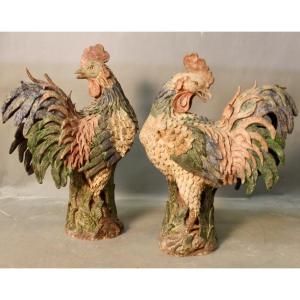 Pair Of Polychrome Terracotta Versailles Roosters, 18th Century 