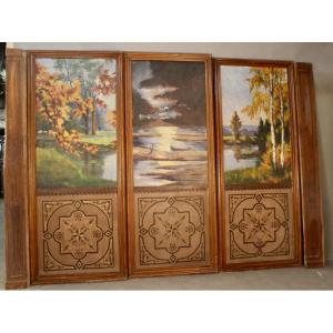 Set Of 3 Large Painted Panels Depicting A Forest And Pond, 19th Century