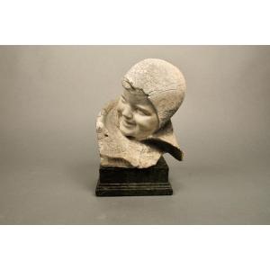 Stone Sculpture Child's Face 19th Century On Marble Base