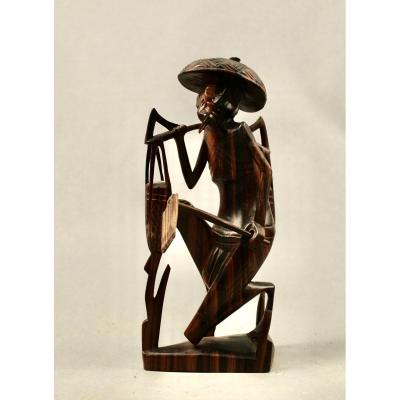 Statue Paysan  Asiatique En Bois 