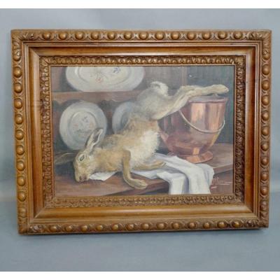 Nature Morte Au Lièvre , Huile sur toile Cadre Noyer