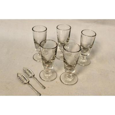 Lot Of 5 Old Absinthe Glasses And 2 Absinthe Spoons