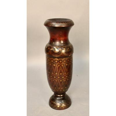Oriental Brass Inlay Turned Wood Vase