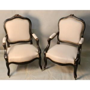 Pair Of Louis XV Style Cabriolet Armchairs In Blackened Pear Tree Napoleon III