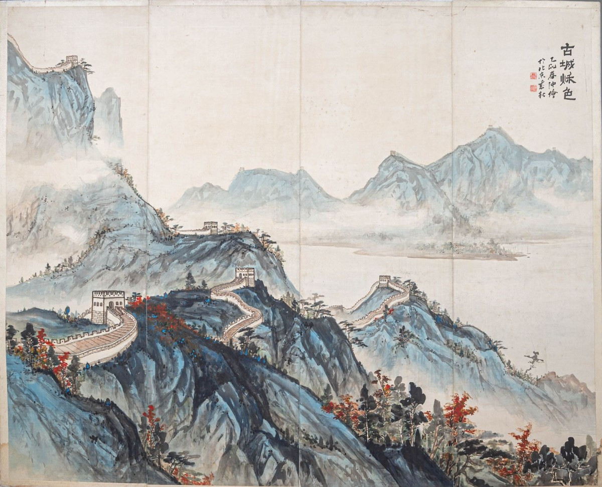 Grande pannello cinese intitolato "Gucheng Qise", fine XIX/inizio XX secolo