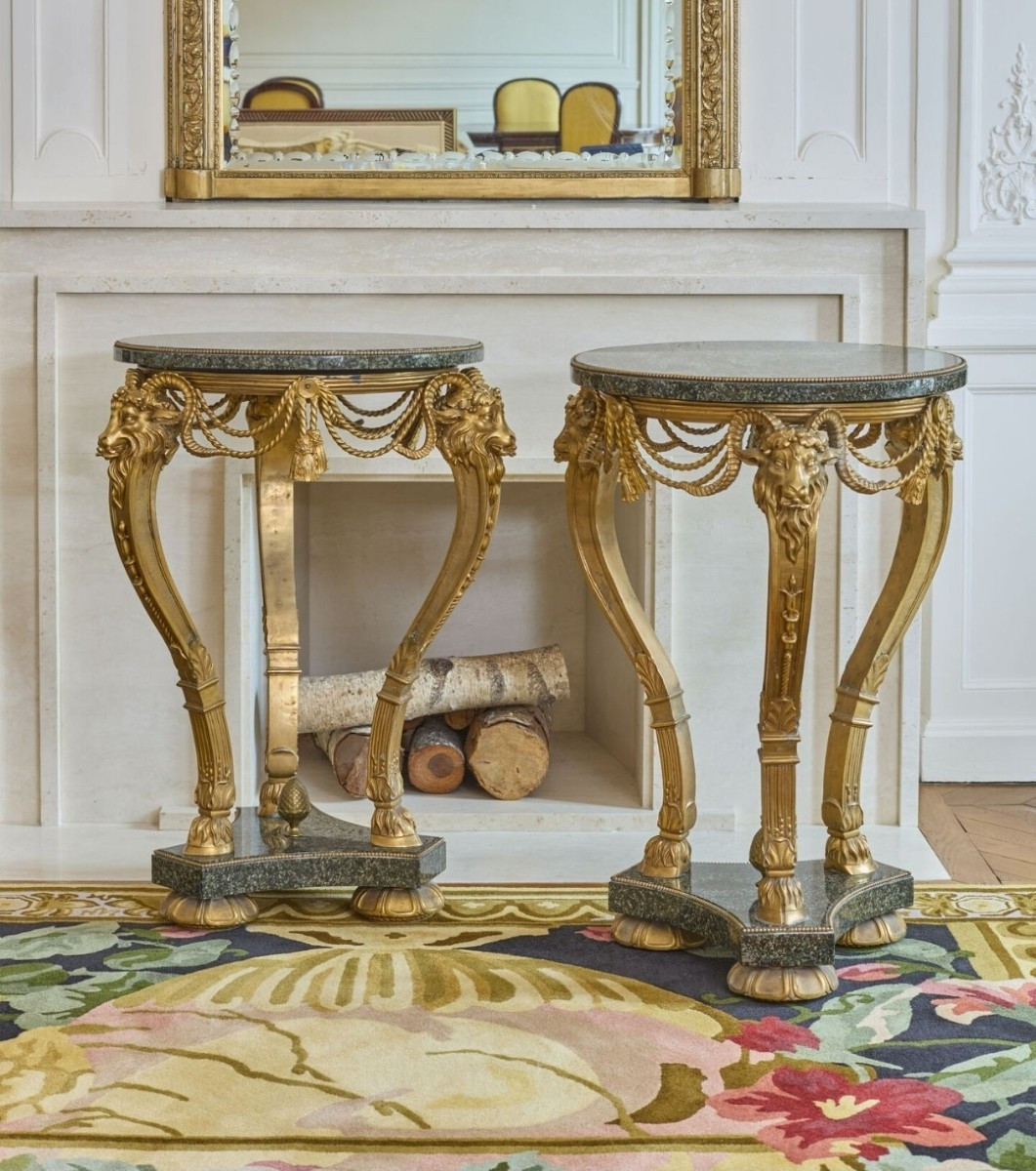 Coppia di gueridon in bronzo dorato e marmo verde serpentino,  Napoleone III, XIX secolo