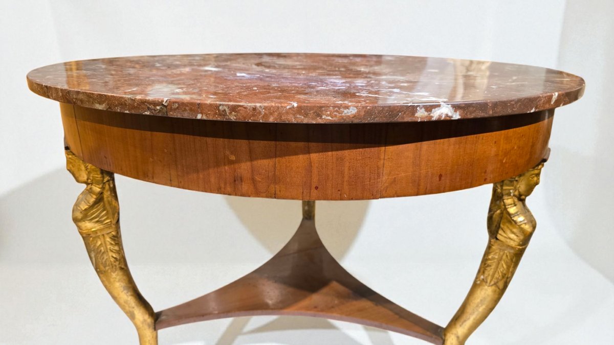 Tavolo "Ritorno dall'Egitto", XIX secolo, Italia, Placcatura in ciliego e sfingi dorate-photo-2