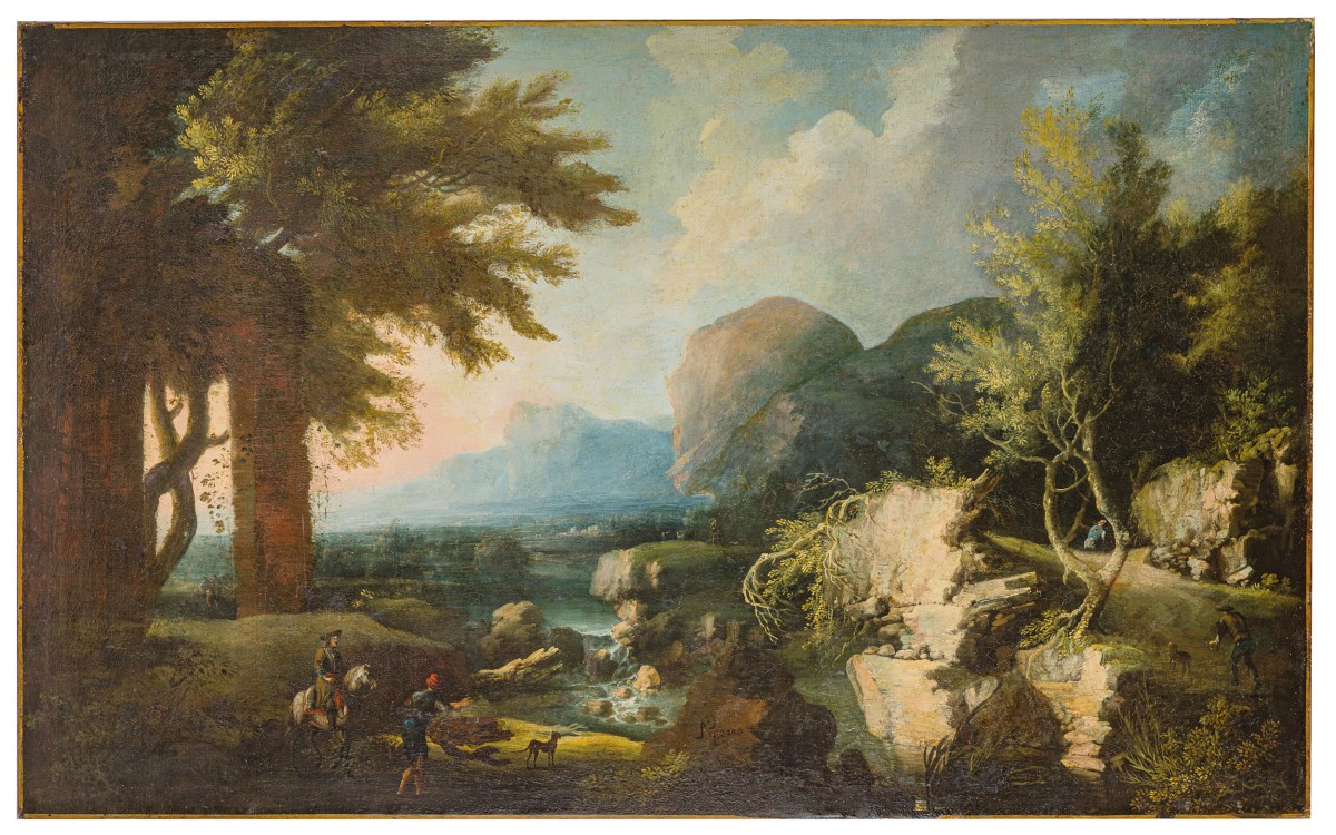 Grande dipinto di paesaggio. Olio su tela, firmato Michele Pagano, Napoli, XVIII secolo.