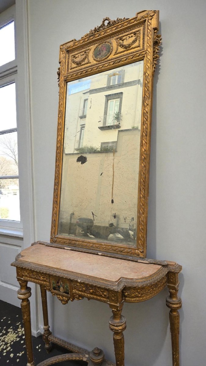 Consolle con specchio, XIX secolo, stile Napoleone III, legno dorato-photo-2