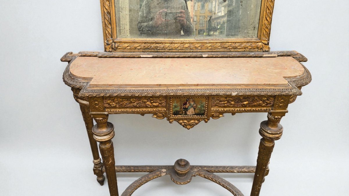 Consolle con specchio, XIX secolo, stile Napoleone III, legno dorato-photo-4