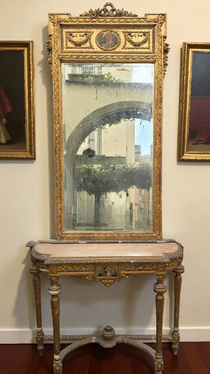 Consolle con specchio, XIX secolo, stile Napoleone III, legno dorato-photo-1