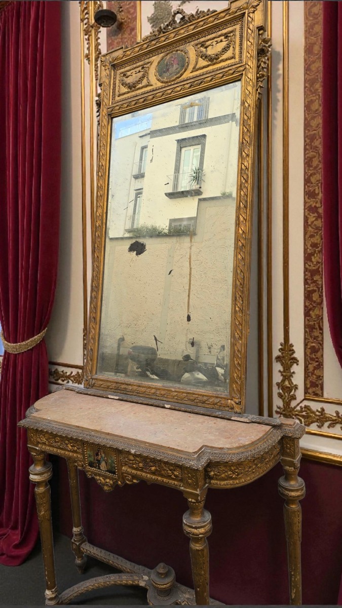 Consolle con specchio, XIX secolo, stile Napoleone III, legno dorato