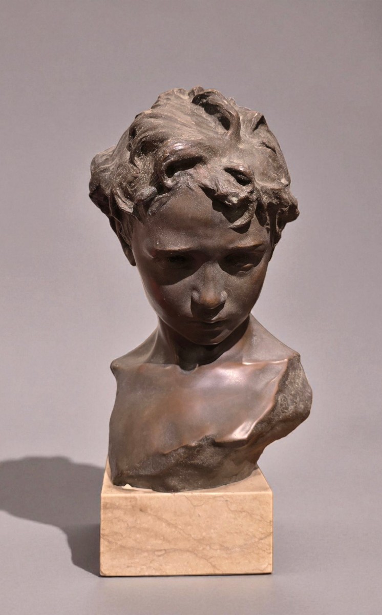 FRANCESCO PARENTE, Scultura in bronzo "Testa di ragazzo", firmata e timbrata Chiurazzi