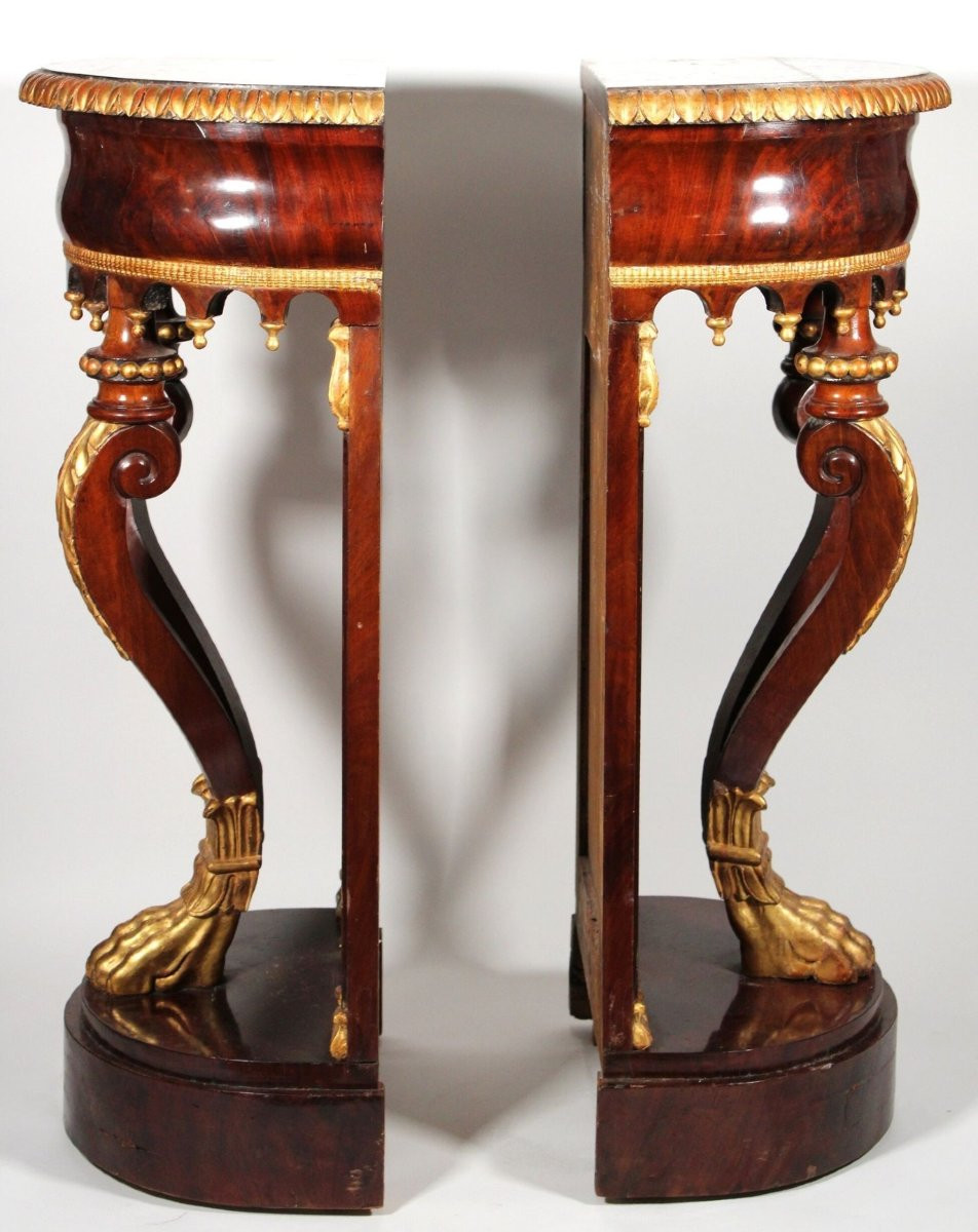 Coppia di consolle a mezzaluna, in mogano e legno dorato, Impero, inizio XIX. Italia-photo-2