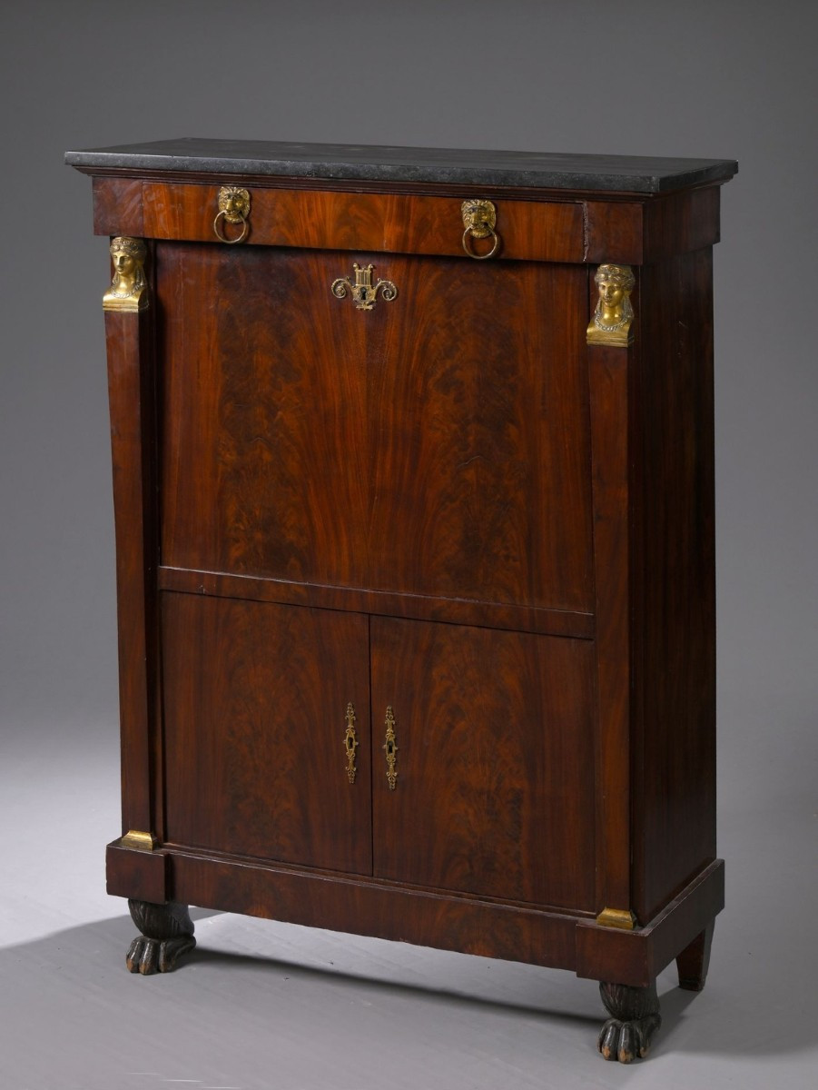Secretaire impiallacciato in mogano, piano in marmo grigio, bronzo dorato, Impero, inizi XIX