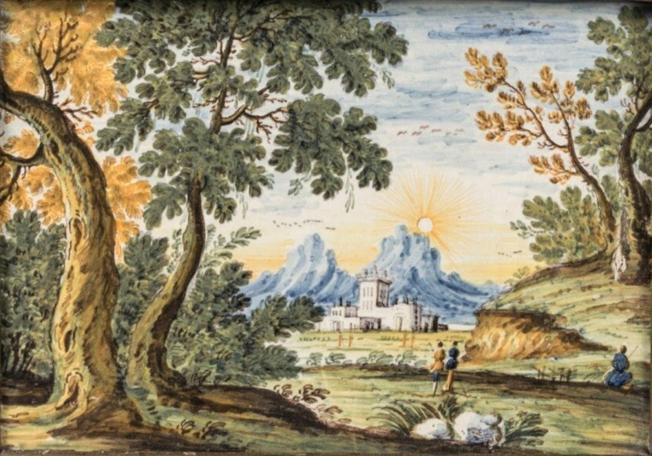 Placca in terracotta, Castelli, XVIII secolo, raff. "Paesaggio con figure e castello"-photo-2