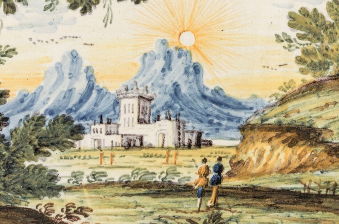 Placca in terracotta, Castelli, XVIII secolo, raff. "Paesaggio con figure e castello"-photo-1