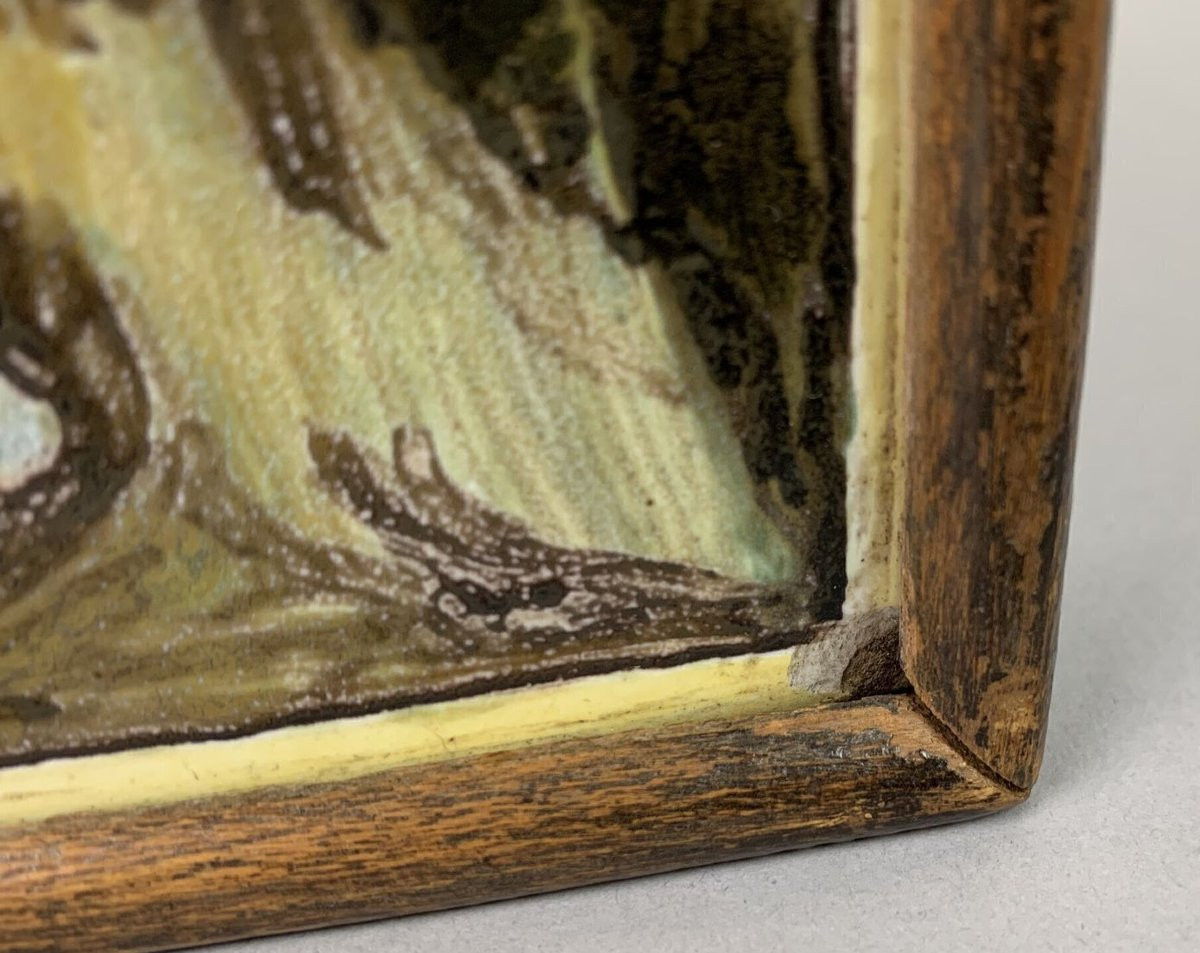 Placca maiolica Castelli, XVIII secolo, raff. "Paesaggio con personaggi e rovine"-photo-1