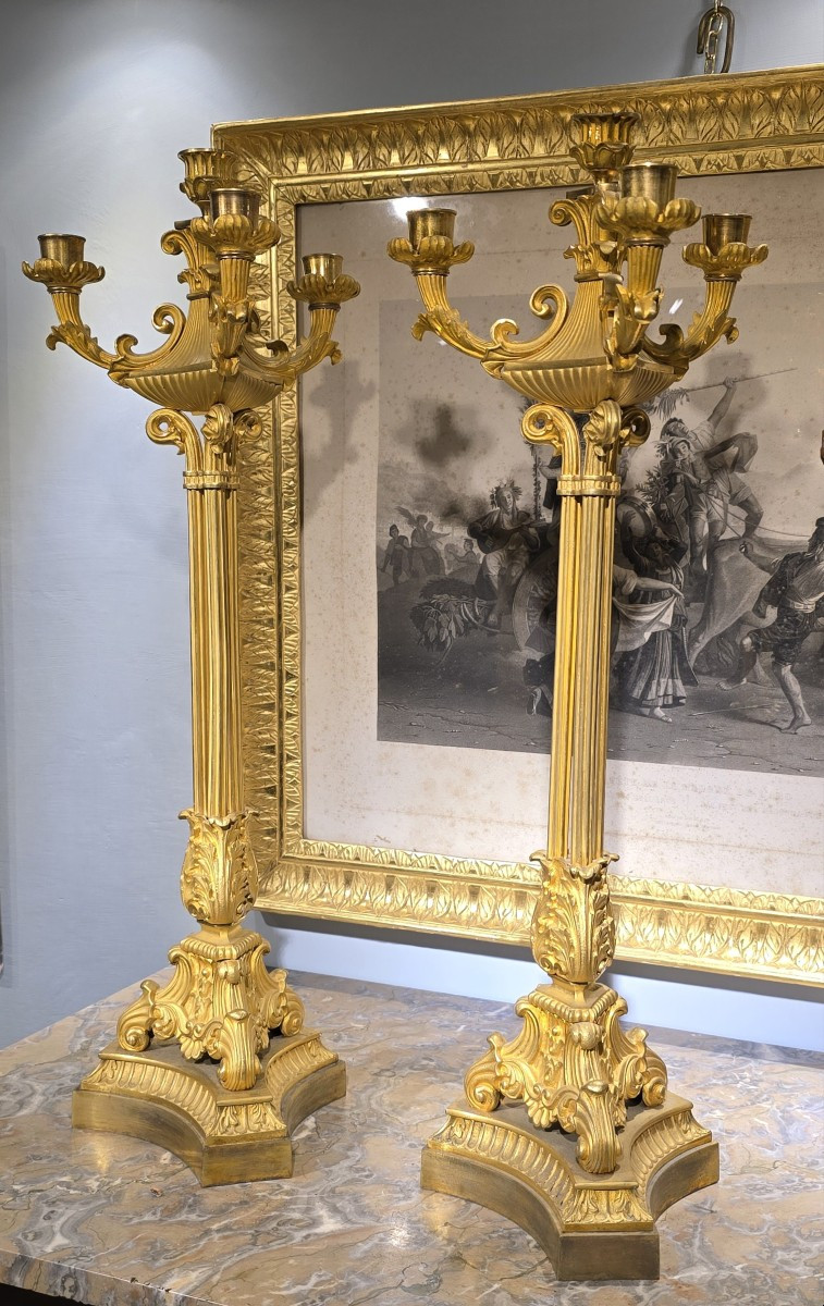 Grande coppia di candelabri in bronzo dorato, XIX secolo-photo-2