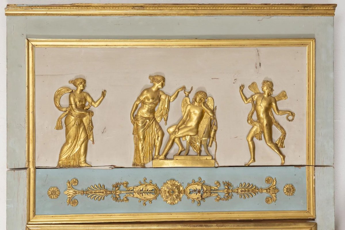 Specchio fondosala del XIX secolo in legno dorato e laccato con decorazione neoclassica.-photo-2