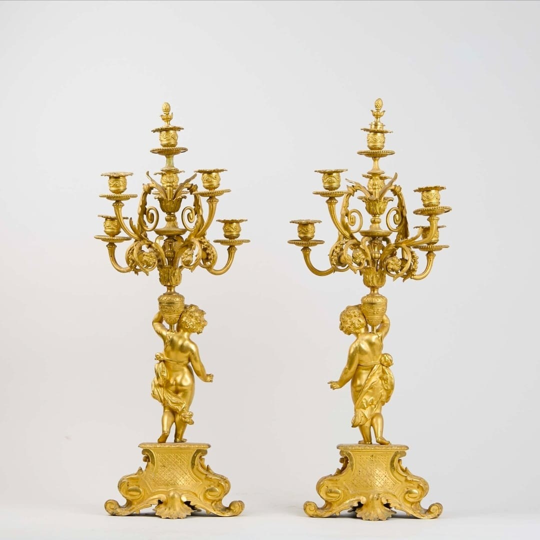 Coppia di candelabri a sei luci, in bronzo dorato, Napoleone III, XIX secolo-photo-1
