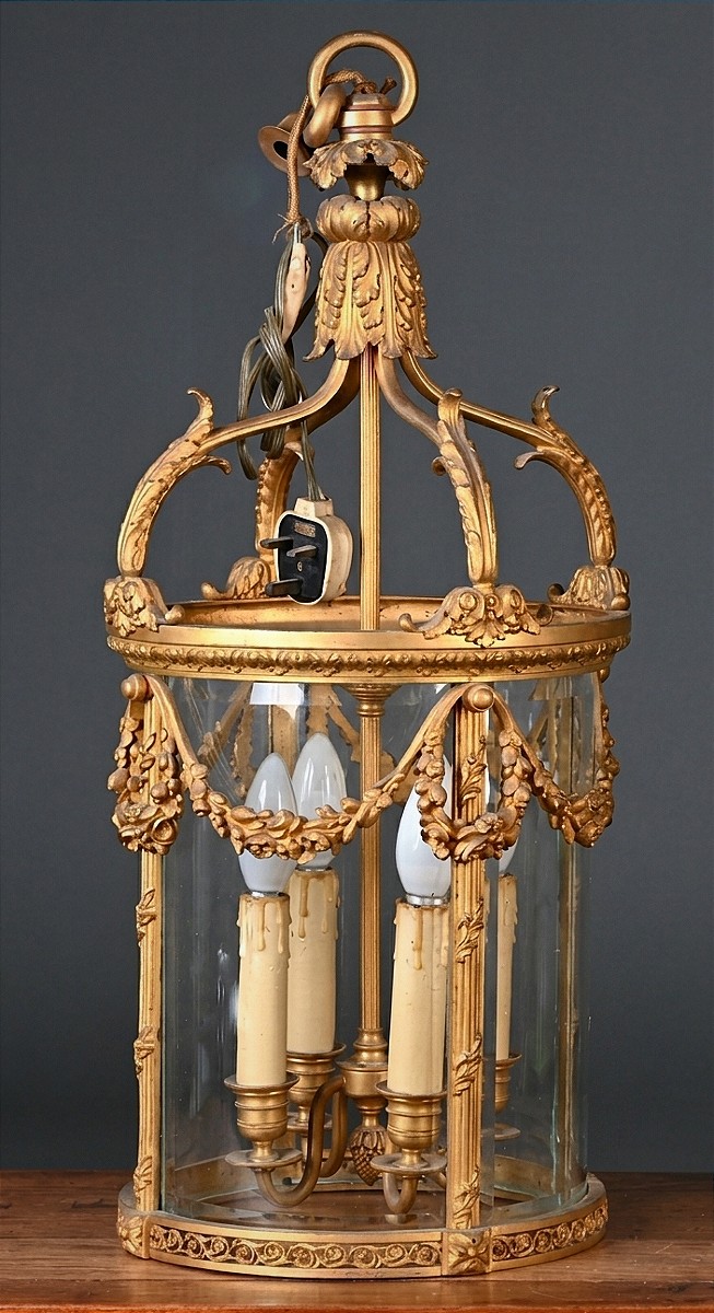 Lanterna antica, bronzo dorato, Stile Carlo X, Decori a festoni e foglie d'acanto, XIX sec