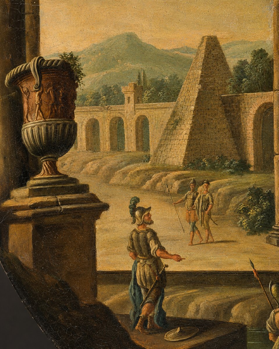 Capriccio architettonico con rovine classiche e figure – Ambito napoletano o romano, XVIII sec-photo-3