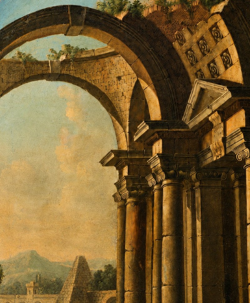 Capriccio architettonico con rovine classiche e figure – Ambito napoletano o romano, XVIII sec-photo-4