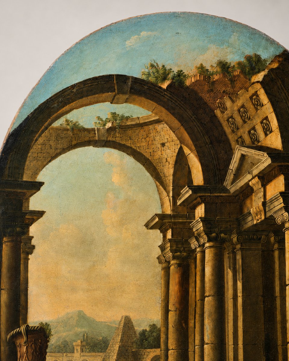Capriccio architettonico con rovine classiche e figure – Ambito napoletano o romano, XVIII sec-photo-1