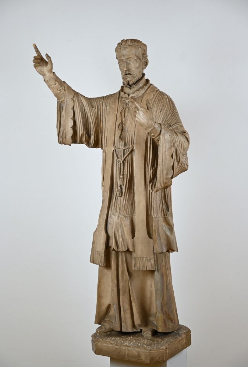 Grande scultura lignea di santo gesuita, firmata Th. Koob, Anversa, XIX secolo