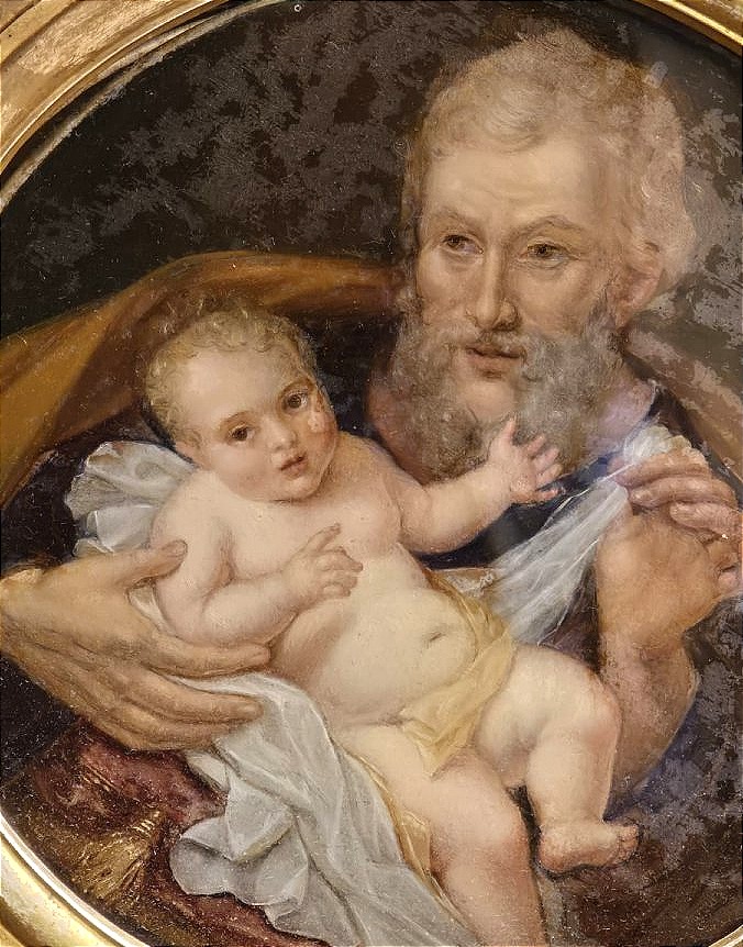 San Giuseppe con Gesù Bambino, dipinto sottovetro, cornice in legno dorato, 1842-photo-2